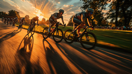Cyclists compete in a fast-paced race as the sun sets, casting dramatic shadows and highlighting the energy of the moment, perfect for sports enthusiasts.の素材