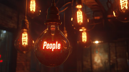 Captivating image features glowing vintage light bulbs with a neon sign displaying "People," creating an inviting atmosphere in a warm-toned setting.の素材