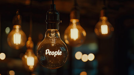 An inviting scene featuring warm amber lighting, with a prominent bulb showcasing the word "People." This image encapsulates a cozy atmosphere ideal for modern cafes or restaurants.の素材