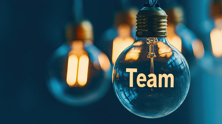 This image showcases glowing light bulbs with the word "Team" prominently displayed, symbolizing teamwork and collaboration in a modern workspace setting.の素材