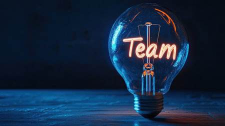 A glowing light bulb featuring the word "Team" in neon font, symbolizing collaboration and innovation. The blue background enhances creativity and motivation.の素材
