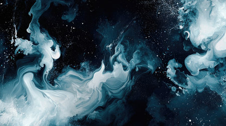 This captivating abstract art piece showcases dynamic swirls of blue and white against a dark backdrop, creating an ethereal and modern atmosphere suitable for various creative projects.の素材