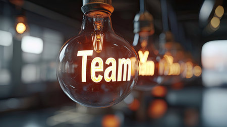 A captivating image showcasing illuminated light bulbs with the word "Team" in a modern workspace. This setting emphasizes collaboration and creativity in a stylish environment.の素材
