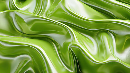 Close-up of vibrant green satin fabric, showcasing its smooth texture and elegant waves. Perfect for backgrounds, fashion, or artistic designs with a modern touch.の素材