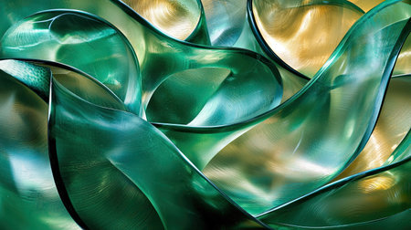 This image features abstract glass waves in stunning green and gold tones, showcasing smooth curves and intricate textures. A perfect choice for artistic themes.の素材