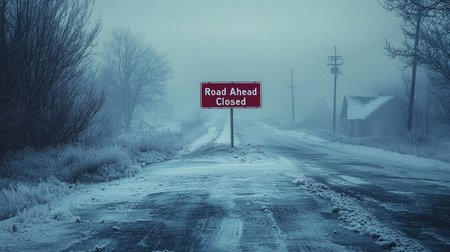 A foggy winter landscape featuring a closed road sign amidst a snowy pathway. The scene evokes a sense of isolation and tranquility, perfect for conveying cold weather themes.の素材