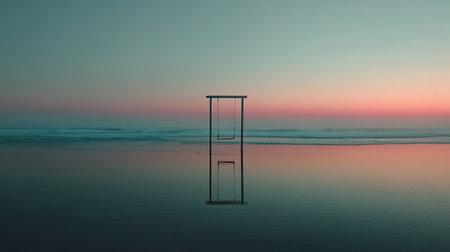 A serene beach scene featuring a solitary swing gently reflecting in calm water at sunset, creating a peaceful and tranquil atmosphere perfect for relaxation and escape.の素材