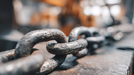 This close-up image showcases heavy metal chain links with a focus on texture and detail, set against an industrial background, highlighting strength and durability.の素材