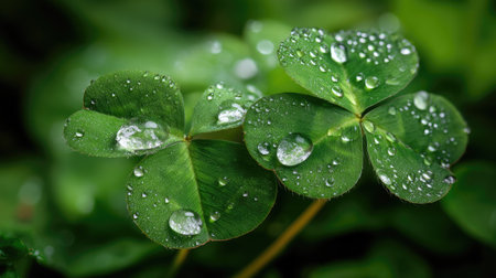 A stunning close-up of fresh green clover leaves adorned with water droplets, capturing the beauty of nature. Perfect for themes of growth and tranquility.の素材