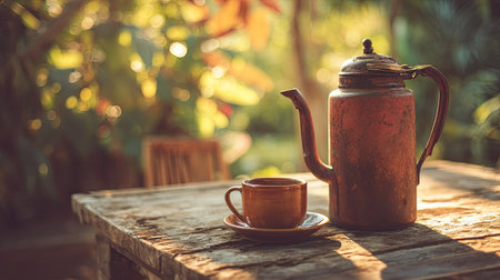 A charming vintage teapot paired with a rustic cup sits on a wooden table amidst a vibrant garden, capturing the essence of tranquility and comfort in nature.の素材