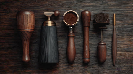 Elegant coffee brewing equipment displayed on a wooden surface. Showcase utensils like grinder and tamper for the perfect espresso experience. Perfect for coffee enthusiasts.の素材