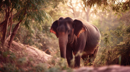 A majestic elephant strolling gracefully through a serene green landscape at sunrise, showcasing the beauty of wildlife in its natural habitat.の素材