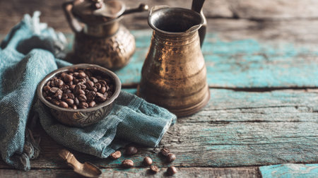 A charming vintage coffee setup featuring fresh beans in a rustic bowl, set against a textured wooden table. Perfect for coffee lovers and cozy cafの素材