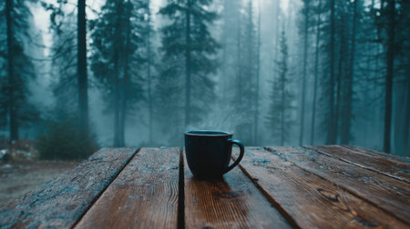 A steaming coffee mug sits on a rustic wooden table, surrounded by tall trees in a misty forest. The tranquil atmosphere invites moments of relaxation and reflection.の素材
