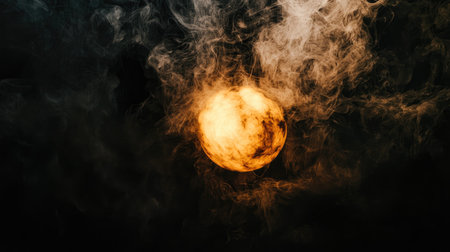 A mesmerizing image of a glowing sphere emitting a warm light, encapsulated by swirling smoke. This ethereal scene evokes a sense of mystery and wonder.の素材