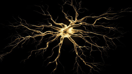 Stunning abstract visualization of a neuron showcasing intricate branch patterns against a black background, representing connections in biological and digital realms.の素材