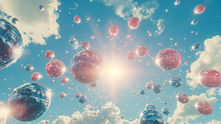 A mesmerizing scene featuring ethereal bubbles floating in a bright blue sky, illuminated by the sun. Fluffy clouds add a dreamy, colorful backdrop to this surreal atmosphere.の素材