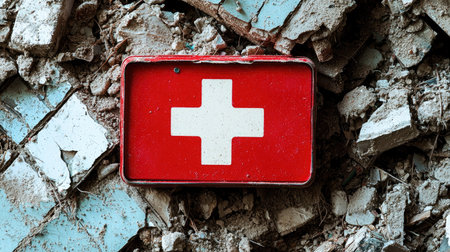 A striking red first aid sign featuring a prominent white cross rests among rubble in an abandoned construction site, symbolizing urgency and safety.の素材