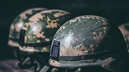 Close-up view of military helmets featuring a camouflage pattern. These helmets symbolize protection and readiness for defense, showcasing quality and design.の素材