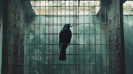 A solitary raven perches inside a metal cage, illuminated by dim light. The stark contrast between the bird and its surroundings evokes feelings of isolation and captivity.の素材