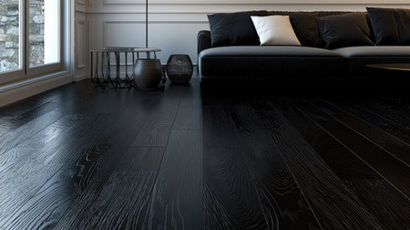 A stylish living room featuring elegant black wooden flooring, modern furniture, and chic decorations. The space radiates comfort and sophistication.の素材