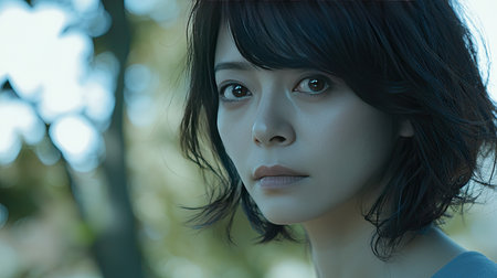 A captivating close-up portrait of a young woman outdoors. Her natural expression reflects serenity and contemplation, with soft light enhancing her beauty amid nature.の素材
