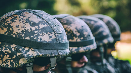 A close-up view of soldiers in camouflage helmets standing in formation outdoors, showcasing their commitment and readiness as part of a military unit, emphasizing teamwork and discipline.の素材