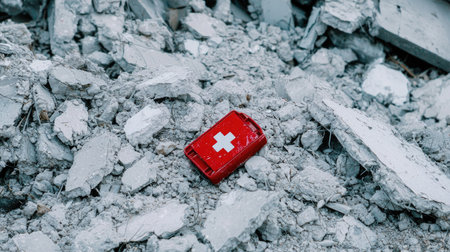 A striking red first aid kit rests on a pile of debris in an urban environment, symbolizing the need for medical readiness and safety in crisis situations.の素材