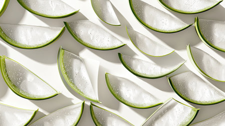 Beautiful arrangement of fresh aloe vera slices on a white background, showcasing vibrant green leaves with water droplets. Perfect for health and wellness themes.の素材