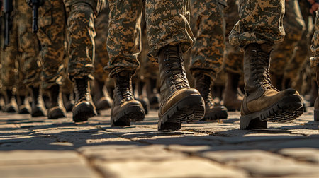 A dynamic image showcasing military soldiers in uniform, marching in formation on a textured urban pavement. The focus is on their boots and disciplined movement.の素材