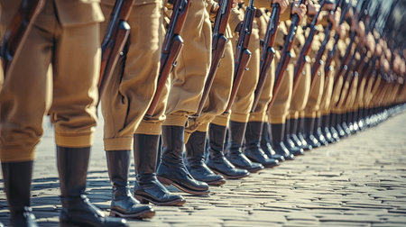 A row of soldiers in uniform standing in order on a street, showcasing discipline and precision during a military event or parade. The scene captures the essence of unity and strength.の素材