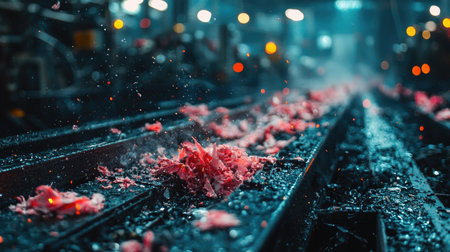 Vibrant scene of colorful debris scattered on an industrial floor, highlighting the chaos of a manufacturing process. Captured in a busy workshop setting.の素材