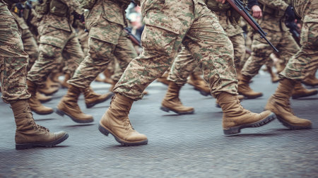 A powerful scene showcasing soldiers marching in formation during a military parade. The focus is on their disciplined steps and sturdy boots against a backdrop of honor and strength.の素材