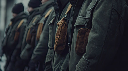 A group of soldiers dressed in winter uniforms stand in a straight line. Their focused expressions indicate commitment and readiness for action in a cold environment.の素材