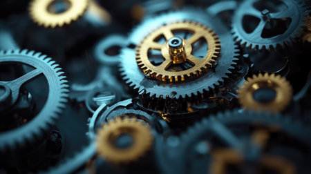 This close-up image features a stunning array of metallic gears, showcasing intricate details and a steampunk aesthetic, perfect for technology or industrial themes.の素材
