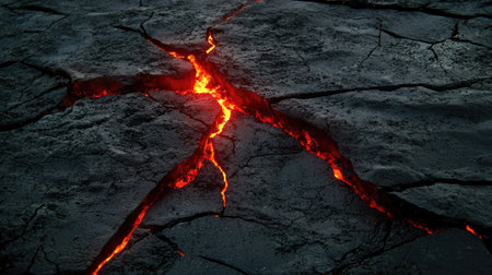 A dramatic view of molten lava visible through cracked earth, showcasing the intense heat and energy of a volcanic landscape. The vibrant orange glow contrasts starkly with the dark rock texture, embodying nature's raw power.の素材
