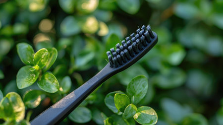 A close-up image of a black toothbrush set against a vibrant backdrop of lush green leaves, emphasizing both dental hygiene and nature's beauty.の素材