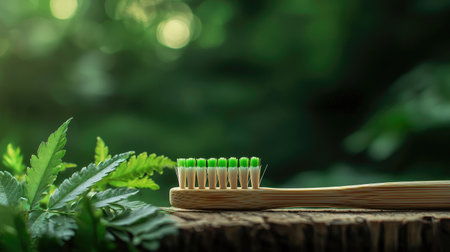 A natural bamboo toothbrush rests on a wooden surface surrounded by green leaves. The image emphasizes sustainability and eco-friendly dental care products in a serene environment.の素材
