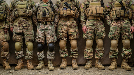 A group of soldiers stands in a row wearing various military gear showcasing unity and discipline in a training environment.の素材