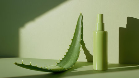 A green aloe vera spray bottle next to an aloe leaf, showcasing a minimalistic design against a soft background. Perfect for natural skincare themes.の素材