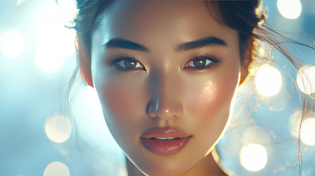 Captivating close-up portrait of a beautiful woman showcasing glowing skin and radiant features against a sparkling backdrop. Perfect for beauty and fashion themes.の素材