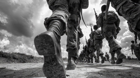 A powerful black and white image capturing soldiers marching in formation. The dramatic sky above enhances the sense of determination and discipline among the troops.の素材