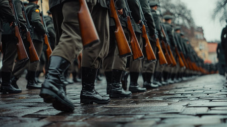A detailed view of soldiers in uniform marching in formation during a military parade. Rain-soaked pavement reflects the disciplined movement of the troops, showcasing pride and tradition.の素材