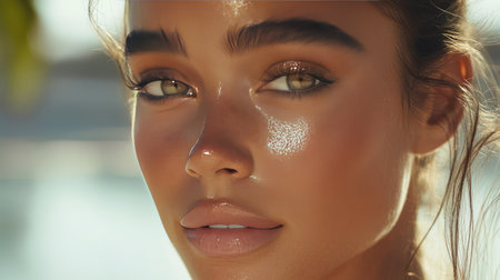 A captivating close-up portrait of a young woman showcasing radiant skin and sparkling eyes. This image highlights natural beauty and evokes a sense of joy and confidence.の素材
