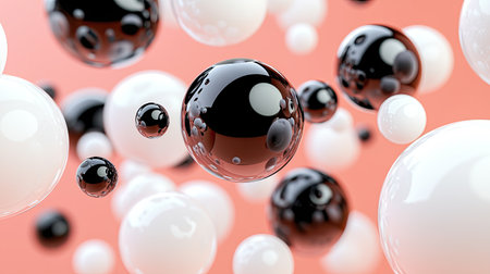 Dynamic abstract composition featuring black and white spheres in motion against a soft background. Ideal for modern design, creativity, and artistic projects.の素材