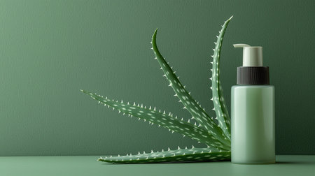 A serene arrangement featuring a green shampoo bottle beside an aloe vera plant on a complementary green background, highlighting natural beauty and wellness.の素材