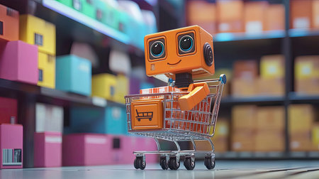 A charming orange robot with large eyes joyfully rides in a shopping cart. Colorful boxes fill the warehouse behind, enhancing the playful scene that captures imagination and whimsy.の素材