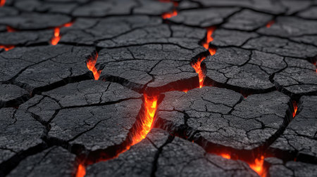 A striking image of cracked earth featuring glowing lava crevices, evoking a sense of natural energy and geological activity. This vibrant landscape illustrates the power of nature.の素材