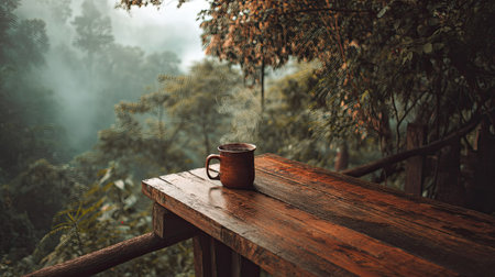 A peaceful morning scene featuring a steaming mug on a rustic wooden table, surrounded by foggy forest, inviting relaxation and connection with nature.の素材