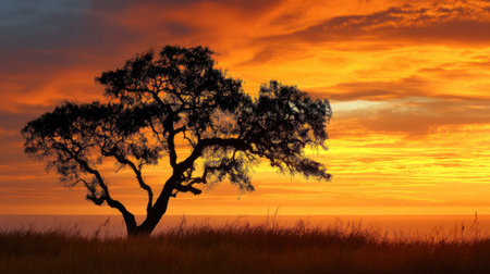 A stunning silhouette of a solitary tree stands tall against a vibrant sunset, showcasing rich colors of orange and yellow as day turns to night.の素材